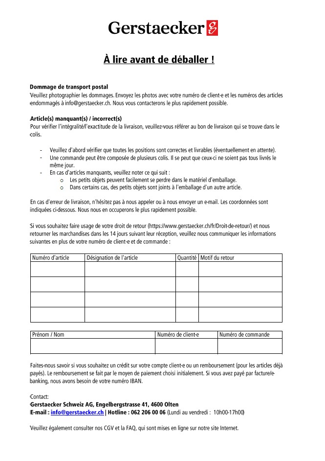 Informations sur les dommages, les erreurs de livraison, les retours